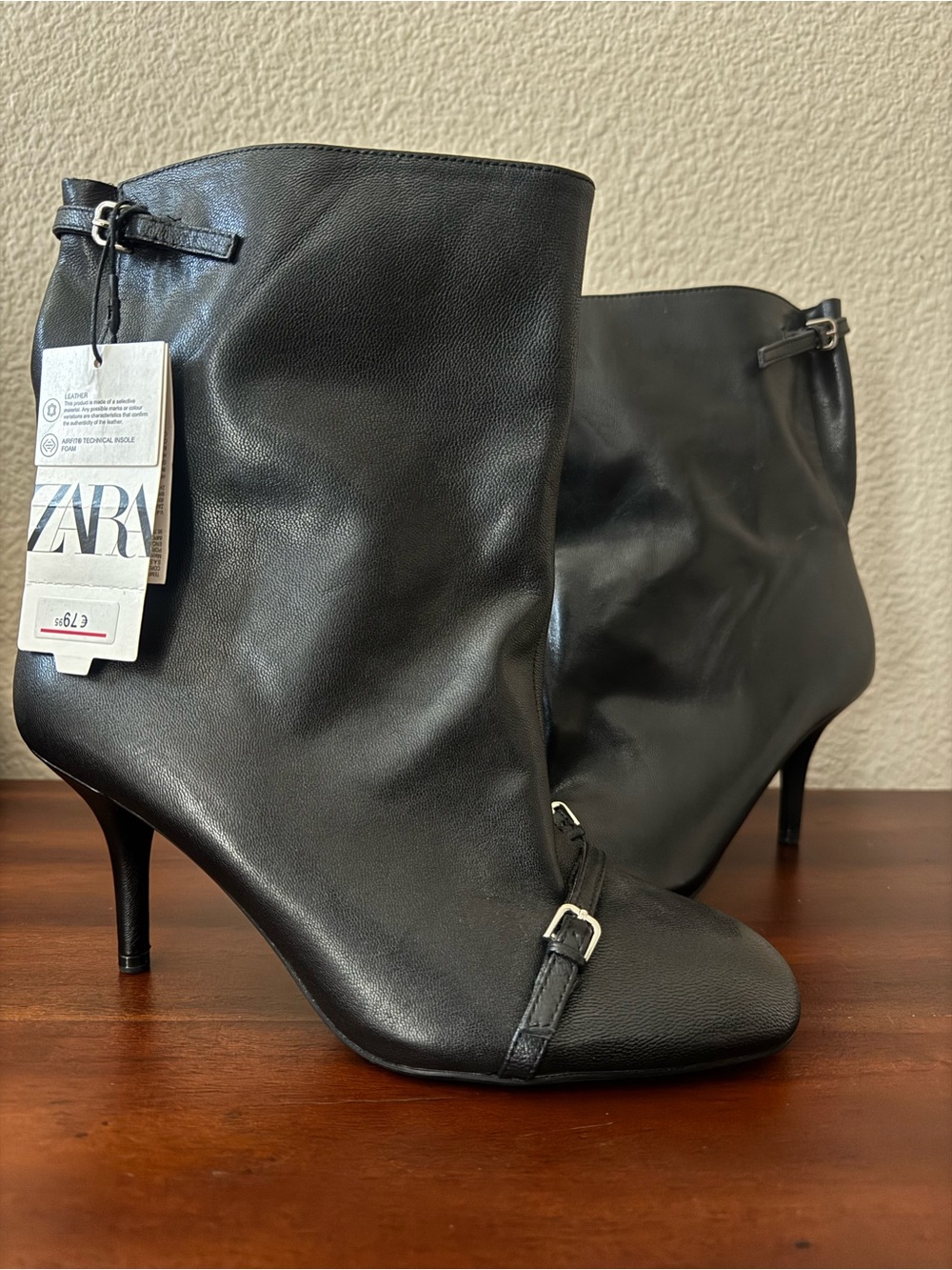 Zara Black Round Toe Leather Ankle Boots